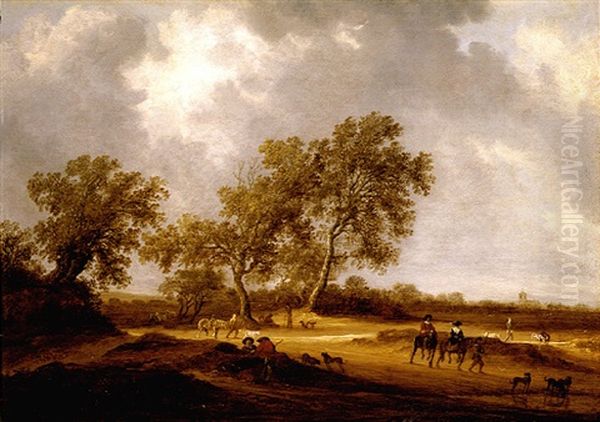 A Sandy Landscape With Travellers On Foot And Mounted, Others Resting, A Church In The Distance Oil Painting by Salomon van Ruysdael