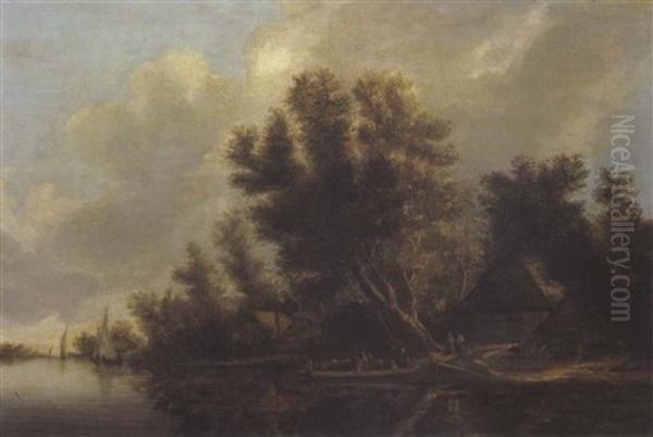 Bewaldete Flusslandschaft Mit Bauernhauser Und Einer Fahre Oil Painting by Salomon van Ruysdael