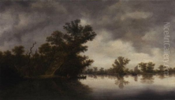 A Wooded River Landscape With Fishermen In Boats Oil Painting by Salomon van Ruysdael