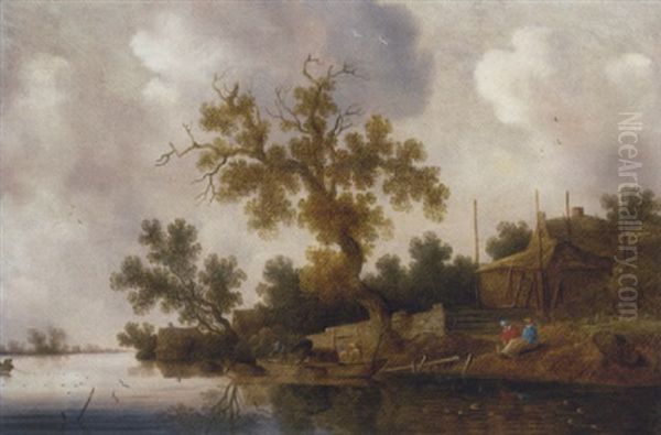 A Riverbank With Fisherman And Other Figures Oil Painting by Salomon van Ruysdael