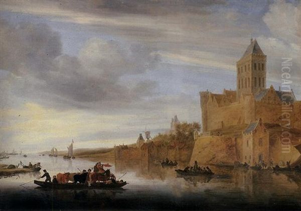 The Valkhof At Nijmegen With A Ferry Crossing The River Waal Oil Painting by Salomon van Ruysdael