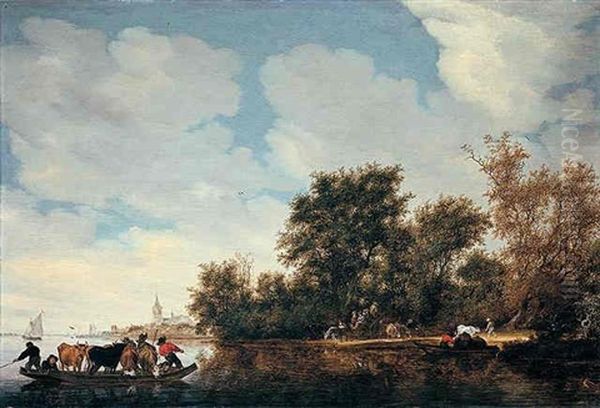 A River Landscape With A Cattle Ferry Oil Painting by Salomon van Ruysdael