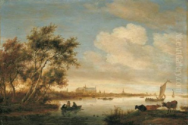 A River Landscape With Cattle And A Rowing Boat In The Foreground, Alkmaar And The Sint Laurenskerk Beyond Oil Painting by Salomon van Ruysdael