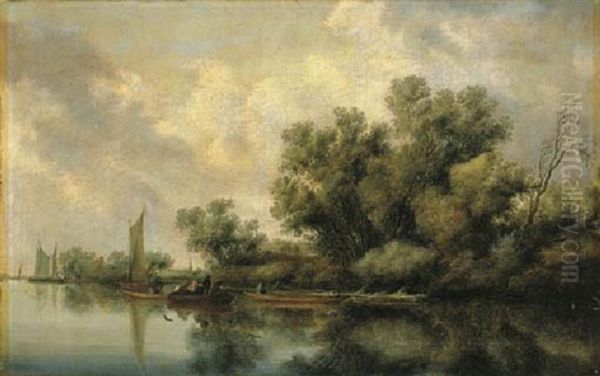 A River Landscape With Fishermen And A Sportsman Shooting Duck Oil Painting by Salomon van Ruysdael