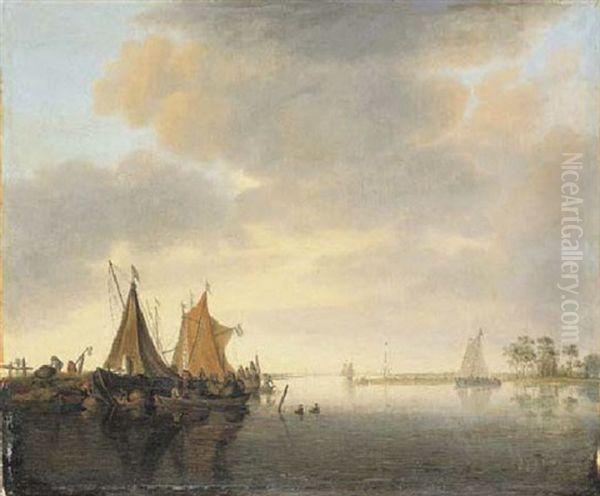 An Estuary Landscape With Sailing Vessels Moored At A Jetty In A Calm Oil Painting by Salomon van Ruysdael