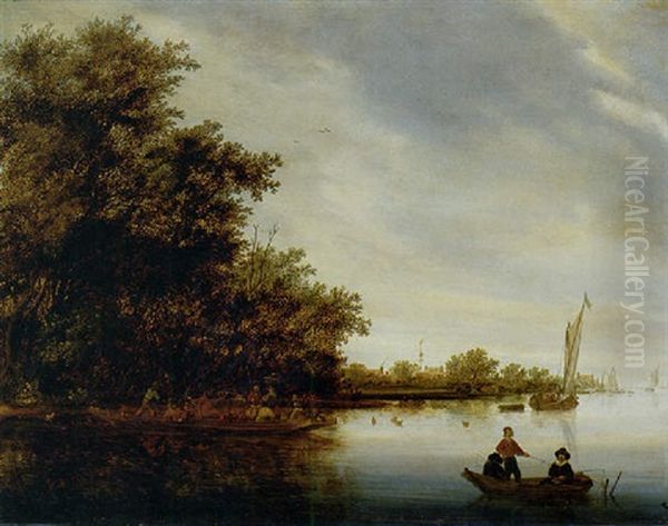 River Landscape With Fishermen In A Rowing Boat And A Ferry Oil Painting by Salomon van Ruysdael