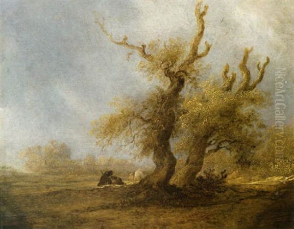 A Wooded Landscape With Shepherds And Their Herd Resting Near Oak Trees Oil Painting by Salomon van Ruysdael