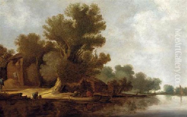 A Wooded River Landscape With Peasants By A Ferry Oil Painting by Salomon van Ruysdael