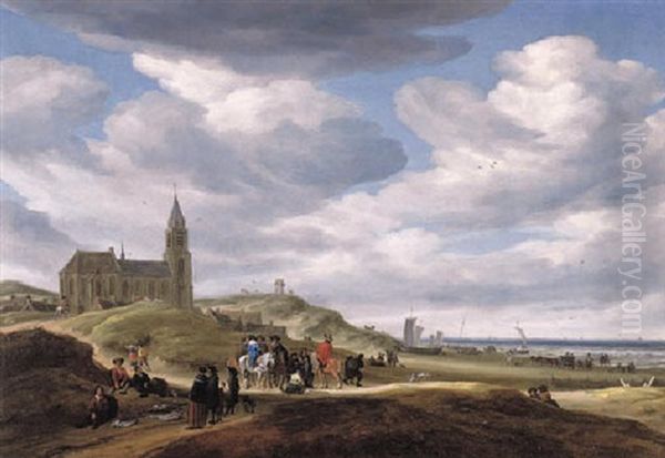 The Beach At Scheveningen, With Figures Gathered On The Shore by Salomon van Ruysdael