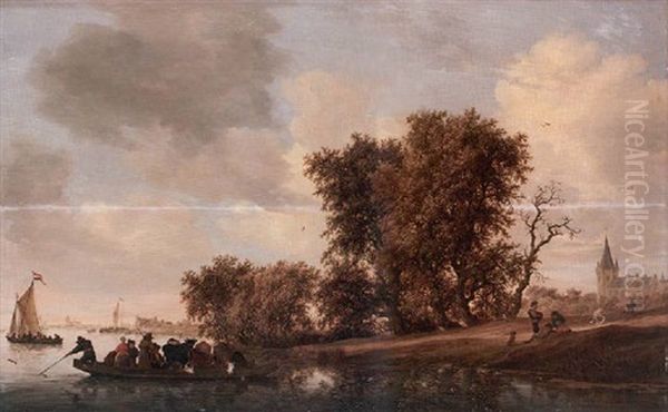 A River Landscape With Figures On A Wooded Bank Awaiting The Approach Of A Heavily Laden Ferry, A Church And Dutch Kaags In An Estuary Beyond Oil Painting by Salomon van Ruysdael