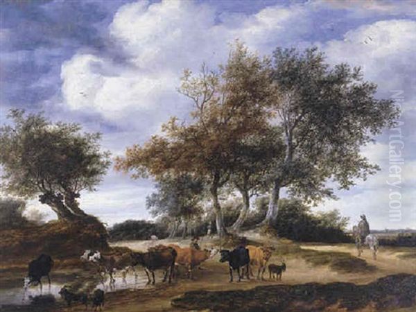 A Wooded Landscape With Herdsman Watering Cattle, A Roier On Sandy Path Nearby by Salomon van Ruysdael