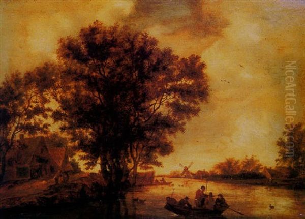 A River Landscape With A Windmill And Figures In A Boat In The Foreground Oil Painting by Salomon van Ruysdael