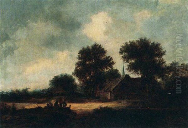 A Dune Landscape With Travellers Resting Near A Farm Oil Painting by Salomon van Ruysdael