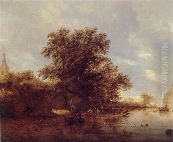 A Wooded River Landscape With A Ferry, Fisherfolk In A Rowing Boat And Smalschips Near A Village Oil Painting by Salomon van Ruysdael