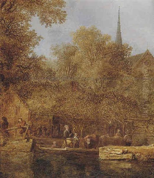 A River Landscape With Peasants And Cattle Disembarking From A Ferryboat Before A Cottage Oil Painting by Salomon van Ruysdael