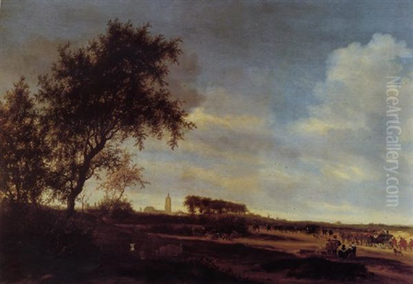 An Extensive Landscape With Prince Willem Ii And Amalia Von Solms In State Carriages, The Grote Kerk In The Hague Beyond Oil Painting by Salomon van Ruysdael