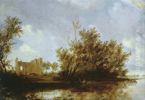 A Wooded River Landscape With Figures In Two Rowing Boats Cattle And Ruins In The Distance, A Bell Tower On The Horizon Oil Painting by Salomon van Ruysdael