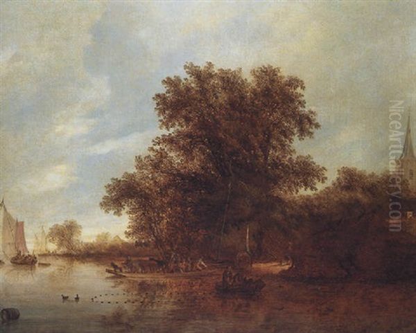 A Wooded River Landscape With A Ferry, Fisherfolk In A Rowing Boat And Smalschips Near A Village Oil Painting by Salomon van Ruysdael