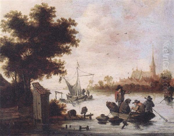 Fishermen Laying Lobster Pots From A Rowing Boat On A River, Shipping And A Village Beyond, At Sunset Oil Painting by Salomon van Ruysdael