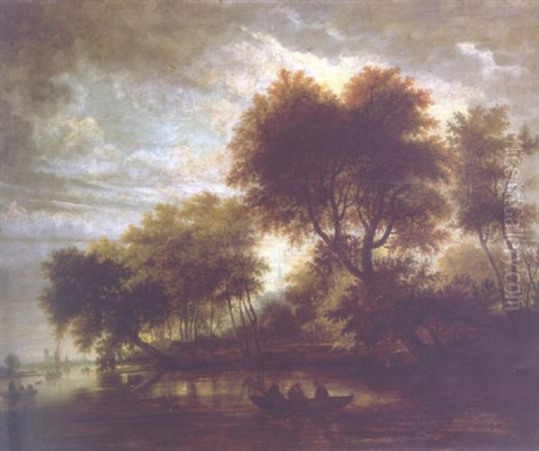 A Wooded River Landscape With Numerous Figures In Rowing Boats And Barges, A Church And Windmill On An Estuary Beyond Oil Painting by Salomon van Ruysdael