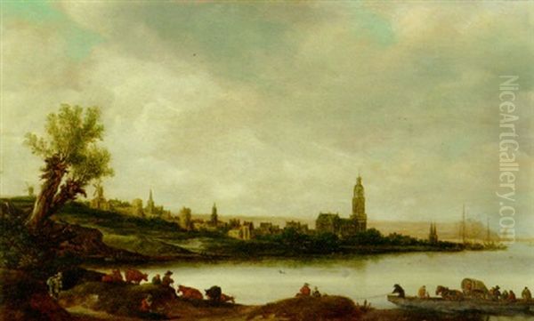 A View Of Rhenen From The South West, With Peasants And Cattle On The Bank Of The River Rijn Oil Painting by Salomon van Ruysdael