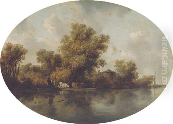 A River Landscape With Peasants Ferrying Cattle Oil Painting by Salomon van Ruysdael