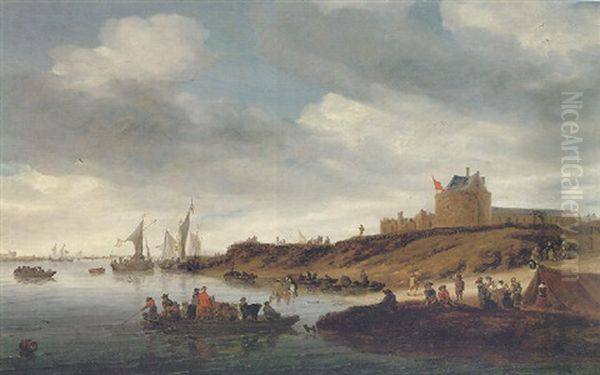 A River Landscape With Figures Ferrying Cattle Across The Maas, With A Military Encampment, A Fortress And A Distant View Of Gennep Oil Painting by Salomon van Ruysdael