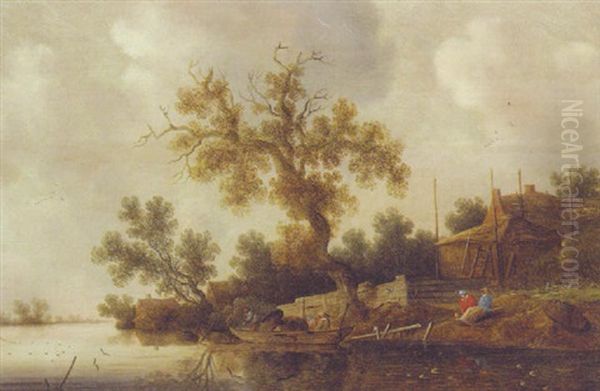 A River Landscape With Peasants In A Punt By A Cottage Oil Painting by Salomon van Ruysdael