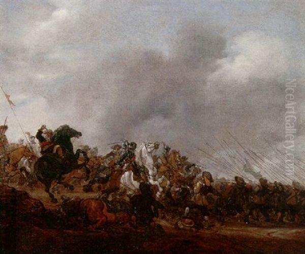 A Battle Scene Between Infantry And Cavalry Oil Painting by Salomon van Ruysdael