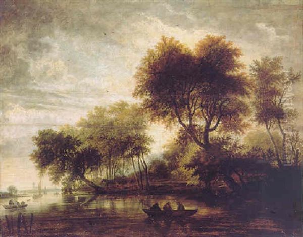 A Wooded River Landscape With Numerous Figures In Rowing Boats And Barges, A Church Spire Seen Through The Trees Oil Painting by Salomon van Ruysdael