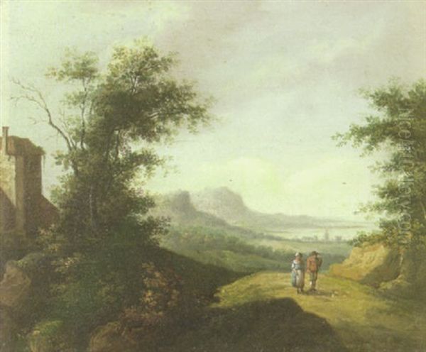 A River Landscape With Figures On A Path In The Foreground And Others Fishing Beyond Oil Painting by Salomon van Ruysdael