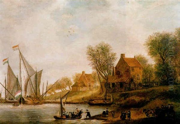 A Wooded River Landscape With Townsfolk Disembarking Near A Landing Stage And Travellers On A Horse And Wagon Waiting Nearby On A Summer's Day Oil Painting by Salomon van Ruysdael