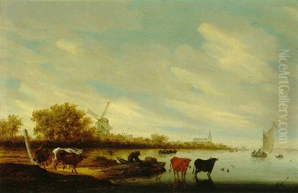 An Extensive River Landscape With Cows Watering, A Village With A Mill And A Church Nearby Oil Painting by Salomon van Ruysdael