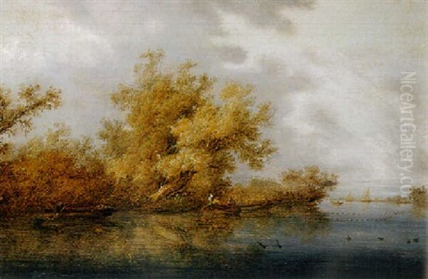 A Calm: A Wooded River Landscape With Fishermen And Sportsmen In Rowing Boats, Sailing Ships Beyond Oil Painting by Salomon van Ruysdael