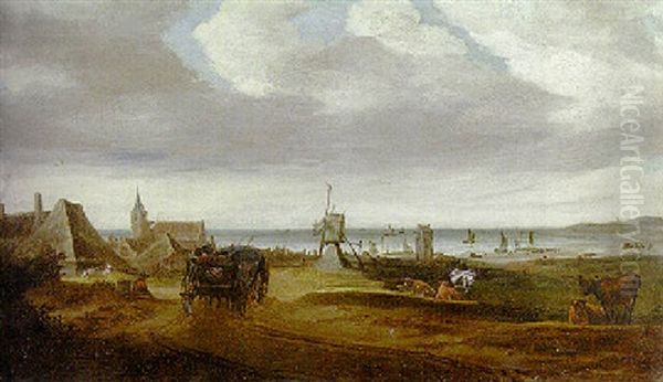 A Coastal Town With A Windmill On The Dunes Oil Painting by Salomon van Ruysdael