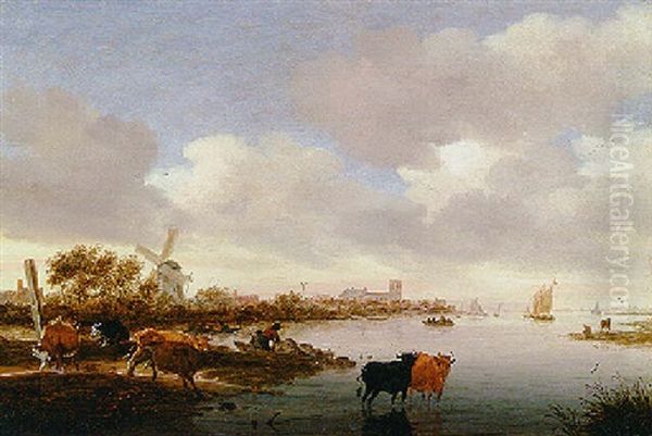 A River Landscape With Cattle Watering, A Windmill And A Church Beyond Oil Painting by Salomon van Ruysdael