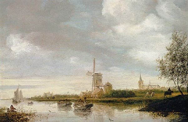 A River Landscape With Barges And Sailboats, A Windmill Nearby Oil Painting by Salomon van Ruysdael