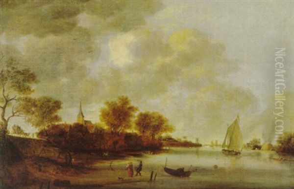 Fluslandschaft Mit Booten Und Einem Reisewagen Vor Einem Dorf by Salomon van Ruysdael