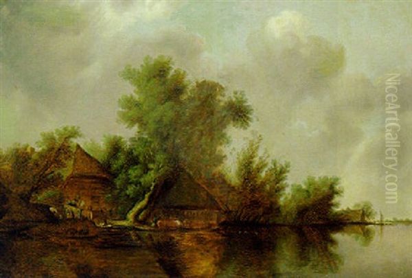 A River Landscape With Peasants In A Wagon And On A Ferry Near A Cottage Oil Painting by Salomon van Ruysdael