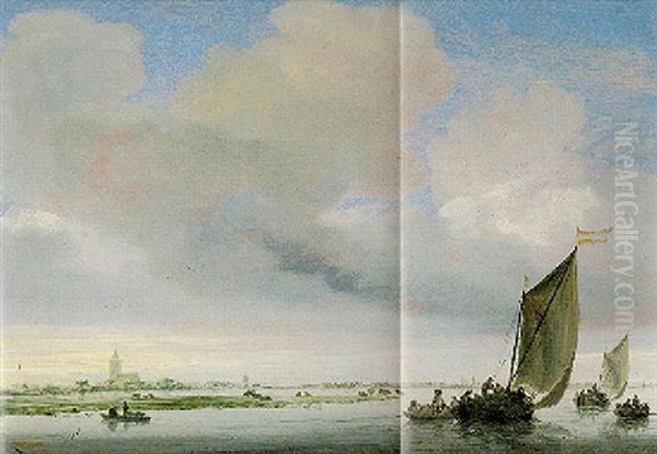 River Landscape With Two Wijdschips And Other Dutch Boats On An Estuary Oil Painting by Salomon van Ruysdael