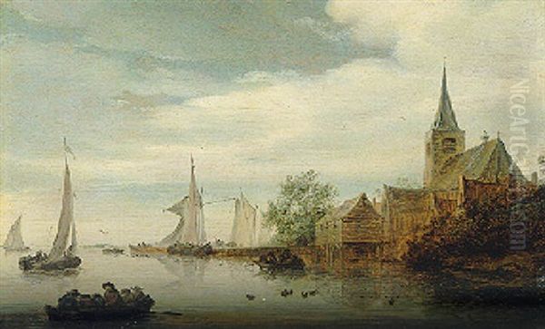 A River Landscape With Sailing Boats By A Village Oil Painting by Salomon van Ruysdael