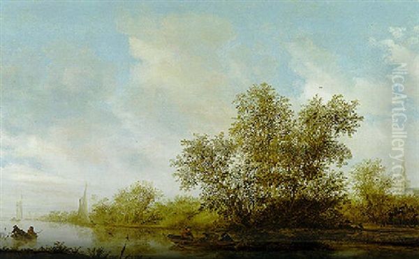 A Wooded River Landscape With Fishermen In Boats, Travellers In A Horsedrawn Cart, A Church Beyond Oil Painting by Salomon van Ruysdael