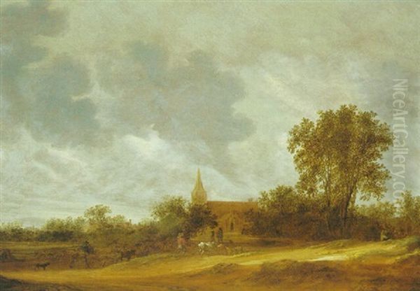 Landscape With Dunes, A Church Beyond And Figures Leading Cattle Oil Painting by Salomon van Ruysdael