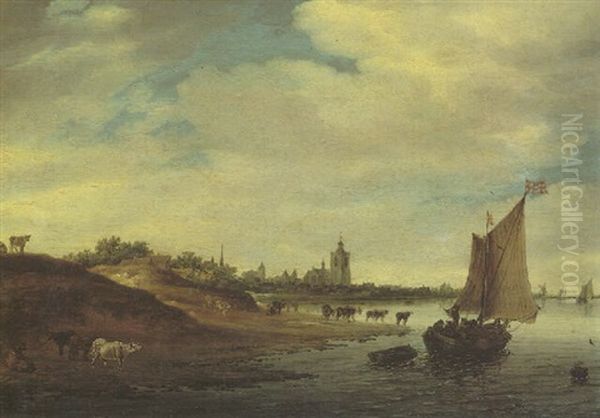 A View Of Arnhem With The Grote Kerk And St.walburgskerk And Other Small Dutch Vessels On The Rhine Oil Painting by Salomon van Ruysdael