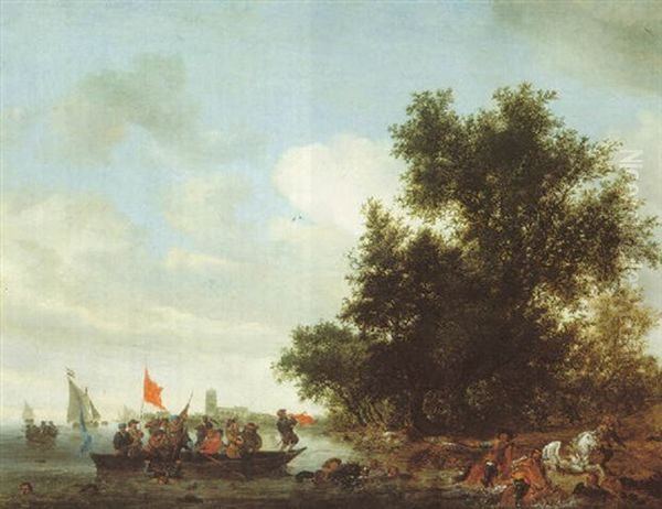 A River Landscape With A Ferry And Men Fighting, A View Of Dordrecht In The Distance Oil Painting by Salomon van Ruysdael