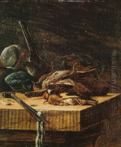 Dead Game On A Table, The Barrel Of A Shotgun Leaning Against The Table Beyond Oil Painting by Salomon van Ruysdael