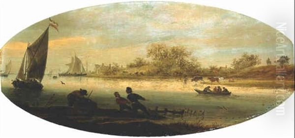 A River Landscape With Fishermen Drawing In Nets by Salomon van Ruysdael