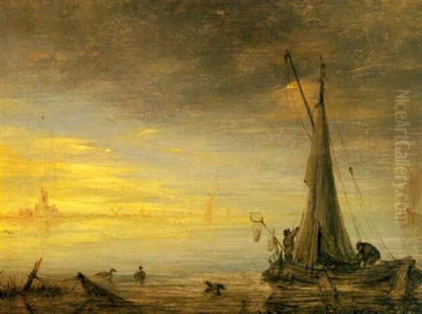 An Estuary In A Calm With Fishing Boats And A Town Beyond Oil Painting by Salomon van Ruysdael