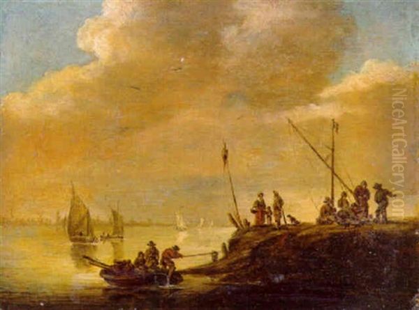 An Estuary With A Ferry And Sailing Boats And Fisherfolk On The Shore Oil Painting by Salomon van Ruysdael