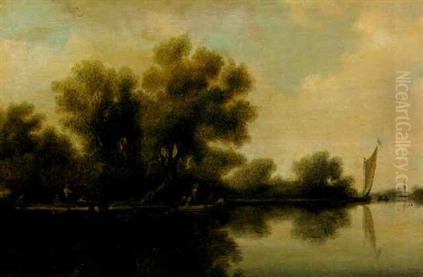 River Landscape Boats Ferrying Travellers And A Sailing Boat In The Distance Oil Painting by Salomon van Ruysdael